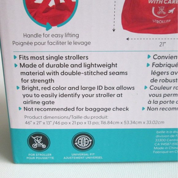 Belle On The Go Red Stroller Gate Check Bag Air Travel Cover New In Box - Picture 8 of 10